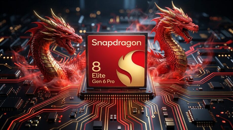 A Snapdragon 8 Elite Gen 6 Pro chip on a circuit board, flanked by two red dragons with glowing eyes and smoke effects.