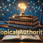 A stack of books labeled Expert Knowledge, Niche Mastery, and Content Strategy with Topical Authority in bold text in front.
