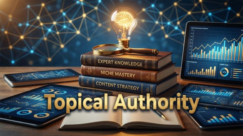 A stack of books labeled Expert Knowledge, Niche Mastery, and Content Strategy with Topical Authority in bold text in front.