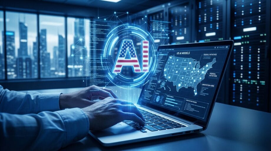 A person types on a laptop displaying data and maps, with a digital AI graphic and servers in the background.