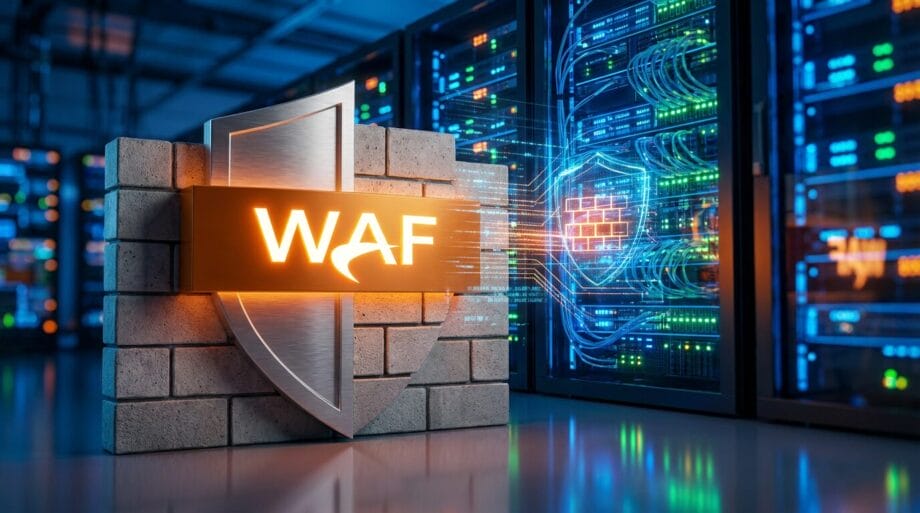 A shield labeled WAF stands in front of server racks, symbolizing a web application firewall protecting network infrastructure.