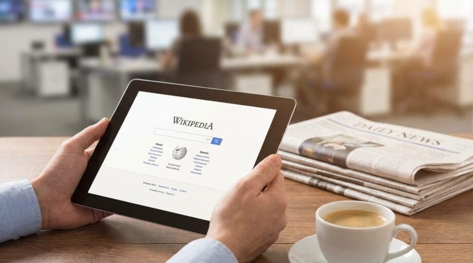 Person uses a tablet to view Wikipedia at a table with a cup of coffee and a newspaper; office in the background.