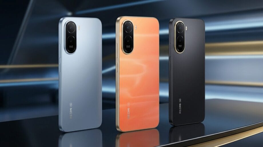 Three Xiaomi Redmi smartphones in blue, orange, and black are displayed upright, showcasing their rear camera modules and sleek designs.