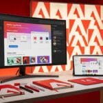 A desk with a monitor and tablet displaying Adobe GenStudio, surrounded by Adobe-branded notebooks, pens, and a red background.