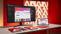 A desk with a monitor and tablet displaying Adobe GenStudio, surrounded by Adobe-branded notebooks, pens, and a red background.