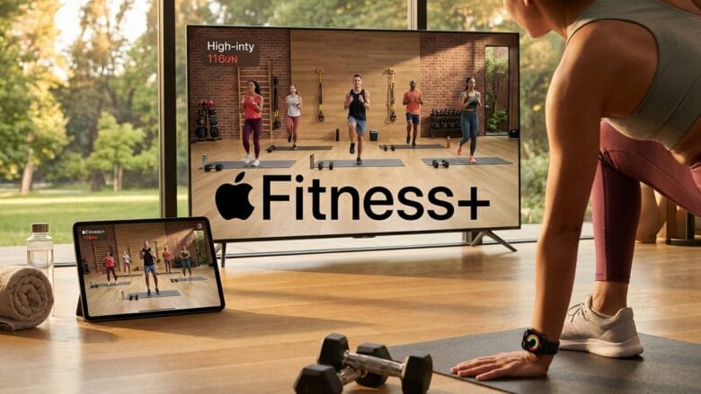 A person exercises indoors with Apple Fitness+ on a TV and tablet; dumbbells, a towel, and a water bottle are on the floor.