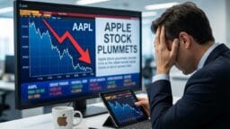 A man looks stressed at his desk with screens showing a sharp decline in Apple stock prices and headlines about the drop.