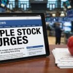 A tablet displays a news headline about Apple stock surging, with an apple and financial charts on a desk in a busy stock market setting.
