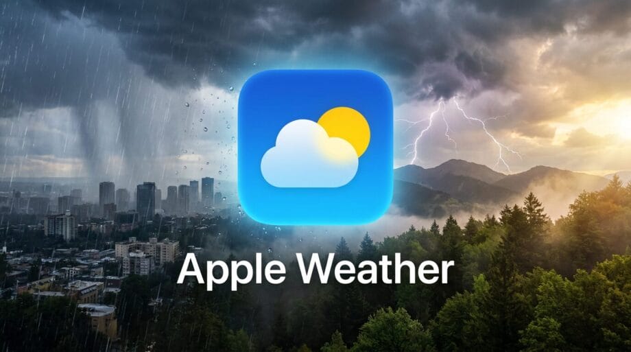 Apple Weather app logo centered over a cityscape and forest with rain, lightning, and sunlight in the background.