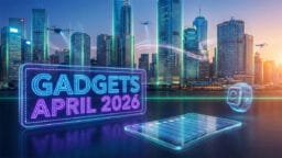 Futuristic city skyline with neon sign reading Gadgets April 2026, drones, a smart device, and a wearable gadget in the foreground.