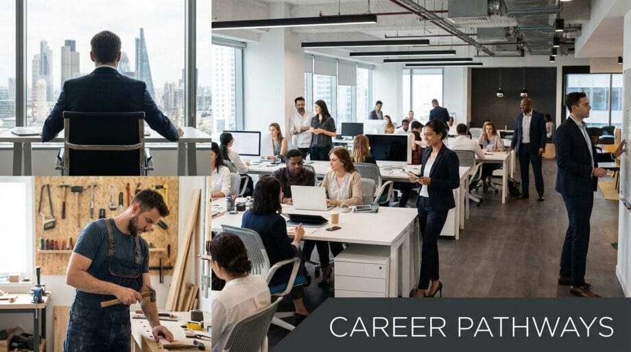 Collage showing a business office, professionals working, a man at a window, and a craftsman with wood; text reads Career Pathways.