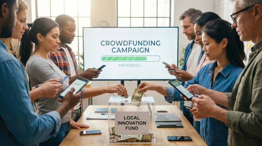 A group of people donate cash and use their phones around a table with a &ldquo;Local Innovation Fund&rdquo; box and a crowdfunding campaign screen.