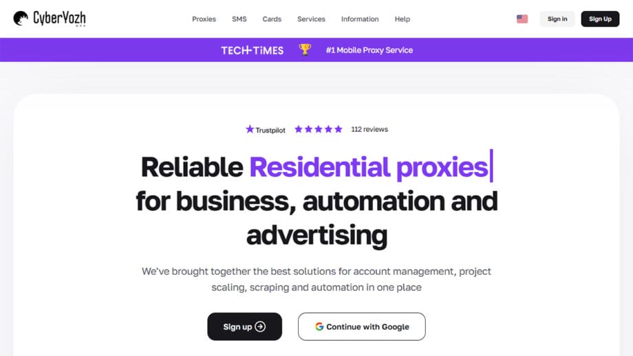 Screenshot of CyberYozh website homepage promoting residential proxies for business, automation, and advertising with sign-up options.