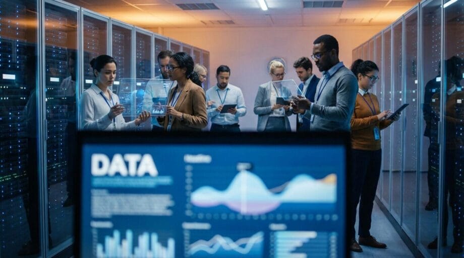 A group of professionals review data on tablets and papers in a server room, with data charts displayed on a computer monitor in the foreground.