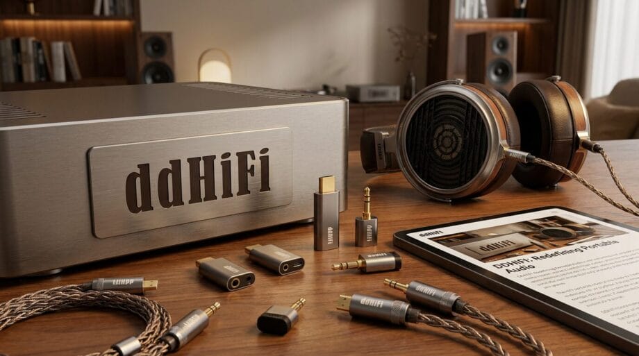 A ddHiFi audio amplifier, headphones, various audio adapters, and a tablet displaying an article are arranged on a wooden table.