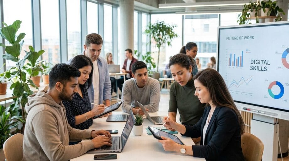 Six people work together at a table with laptops and papers; a presentation about digital skills is displayed on a screen nearby.