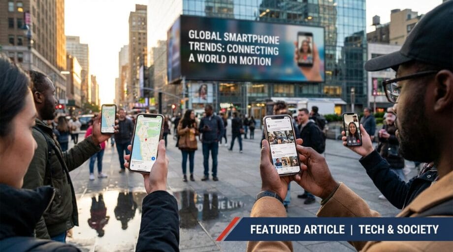 People in a city square use smartphones, with a billboard reading Global Smartphone Trends: Connecting a World in Motion in the background.