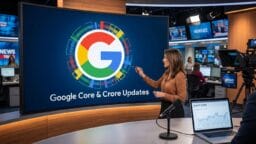 A news presenter points to a large screen displaying the Google logo and the text Google Core Crorе Updates in a newsroom setting.