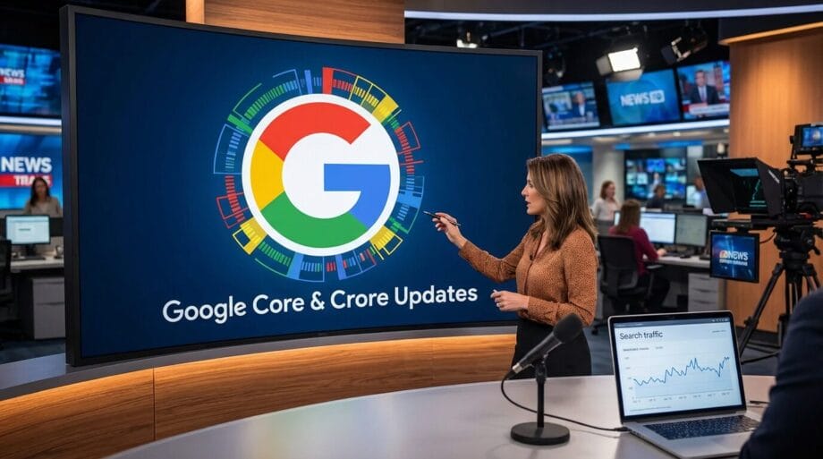 A news presenter points to a large screen displaying the Google logo and the text Google Core Crorе Updates in a newsroom setting.