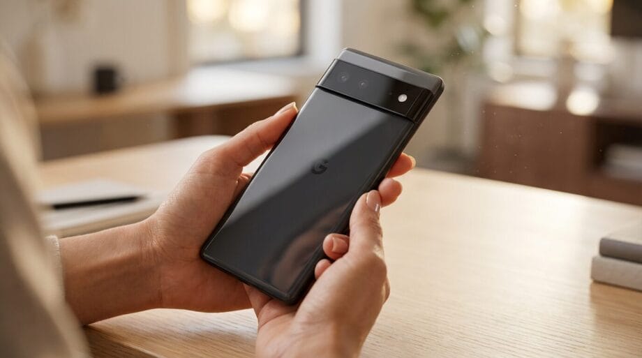 Person holding a black smartphone with a distinctive horizontal camera bar on the back, sitting at a wooden table indoors.