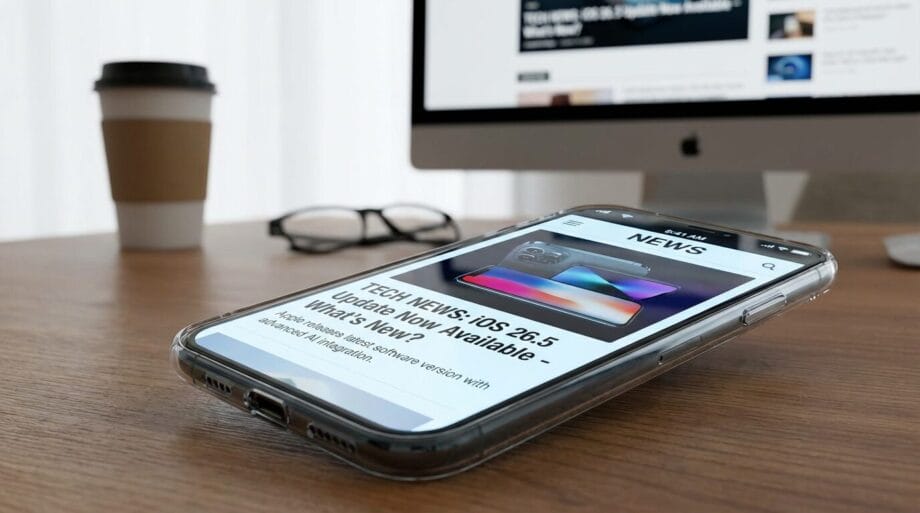 A smartphone displaying a news article about an iOS update rests on a desk with a coffee cup, glasses, and a computer monitor in the background.