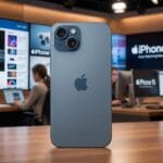 A blue iPhone 15 stands on a table in a newsroom with people working and news screens displaying iPhone 15 information in the background.