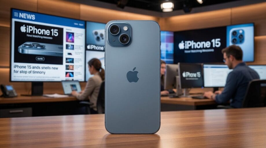 A blue iPhone 15 stands on a table in a newsroom with people working and news screens displaying iPhone 15 information in the background.