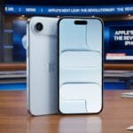 Two iPhone Air smartphones are displayed on a news desk, with a studio background and a Revolutionary iPhone Air headline on screen.