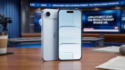 Two iPhone Air smartphones are displayed on a news desk, with a studio background and a Revolutionary iPhone Air headline on screen.