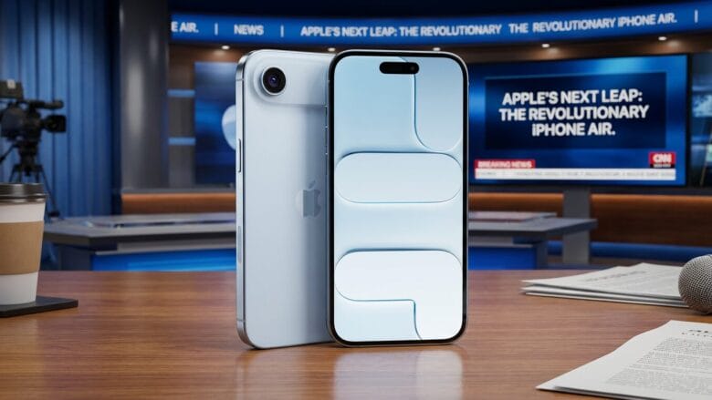 Two iPhone Air smartphones are displayed on a news desk, with a studio background and a Revolutionary iPhone Air headline on screen.