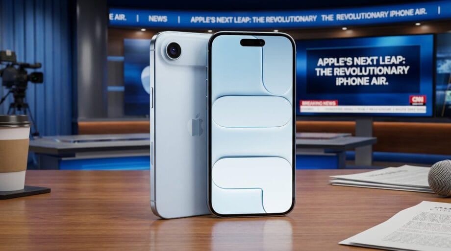 Two iPhone Air smartphones are displayed on a news desk, with a studio background and a Revolutionary iPhone Air headline on screen.