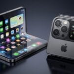 Two foldable smartphones with Apple logos; one is open displaying apps, the other is closed showing rear cameras and a small external display.