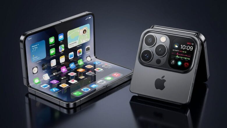 Two foldable smartphones with Apple logos; one is open displaying apps, the other is closed showing rear cameras and a small external display.