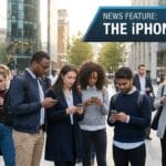 A group of people standing outdoors, all looking down at their smartphones, with a banner reading News Feature: The iPhone User.