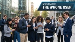A group of people standing outdoors, all looking down at their smartphones, with a banner reading News Feature: The iPhone User.