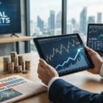 Person analyzing financial charts on a tablet, with stacked coins, a laptop, and a financial newspaper in an office setting.