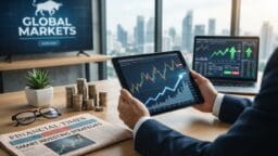 Person analyzing financial charts on a tablet, with stacked coins, a laptop, and a financial newspaper in an office setting.