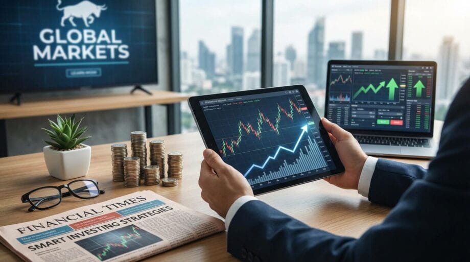 Person analyzing financial charts on a tablet, with stacked coins, a laptop, and a financial newspaper in an office setting.