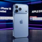 A blue iPhone 18 Pro Max stands upright in a studio with news screens announcing its unveiling at an Apple event in 2026.
