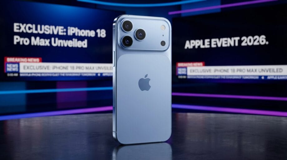 A blue iPhone 18 Pro Max stands upright in a studio with news screens announcing its unveiling at an Apple event in 2026.
