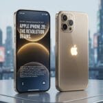 Two gold-colored iPhone 20 smartphones displayed on a metallic surface, with a cityscape background and a headline on the screen.