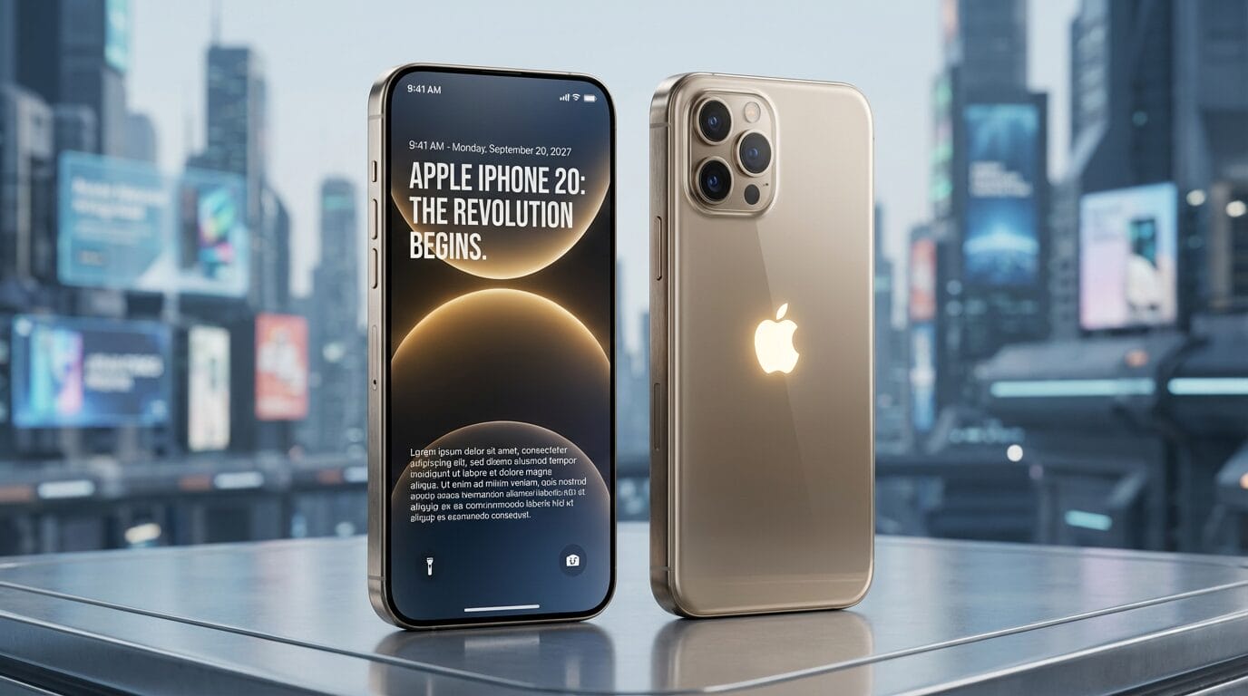 Two gold-colored iPhone 20 smartphones displayed on a metallic surface, with a cityscape background and a headline on the screen.