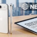 Two white Apple iPhones stand upright next to a tablet displaying news about the iPhone Air 2 on a wooden table with a cityscape background.