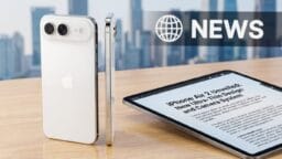 Two white Apple iPhones stand upright next to a tablet displaying news about the iPhone Air 2 on a wooden table with a cityscape background.