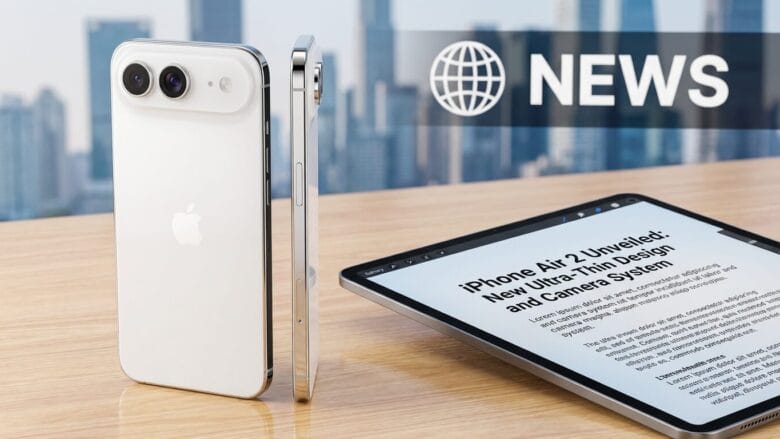 Two white Apple iPhones stand upright next to a tablet displaying news about the iPhone Air 2 on a wooden table with a cityscape background.