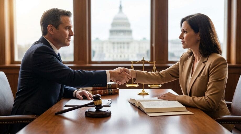 Two professionals shake hands across a desk with legal documents, a gavel, and scales, with the U.S. Capitol building in the background.