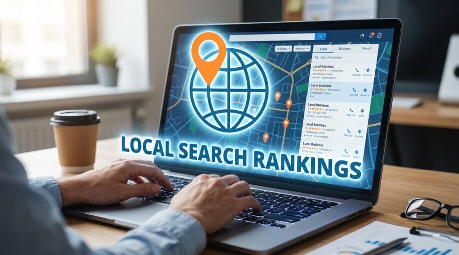 Person using a laptop displaying a map with a location pin and the text Local Search Rankings beside a list of local businesses.