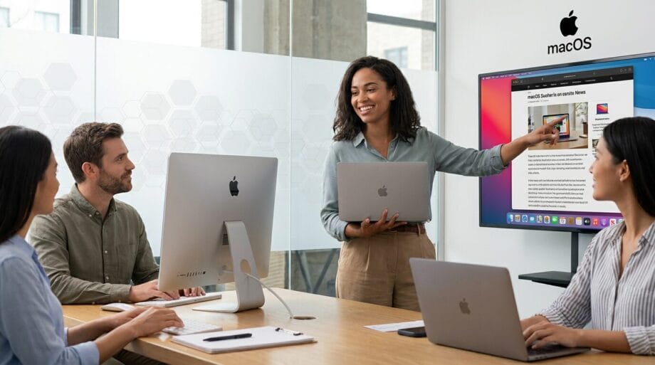 A woman presents to colleagues in a modern office, pointing at a screen displaying a macOS webpage, with Apple devices on the table.
