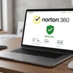 A laptop on a desk displays the Norton 360 protection screen; a smartphone shows a similar Norton app screen.