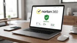 A laptop on a desk displays the Norton 360 protection screen; a smartphone shows a similar Norton app screen.